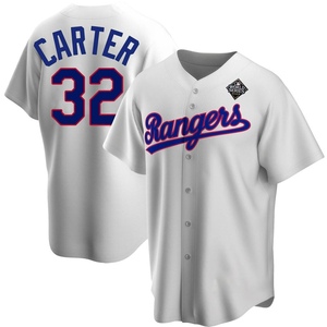 Men's Texas Rangers Evan Carter Replica White Home Cooperstown Collection 2023 World Series Jersey